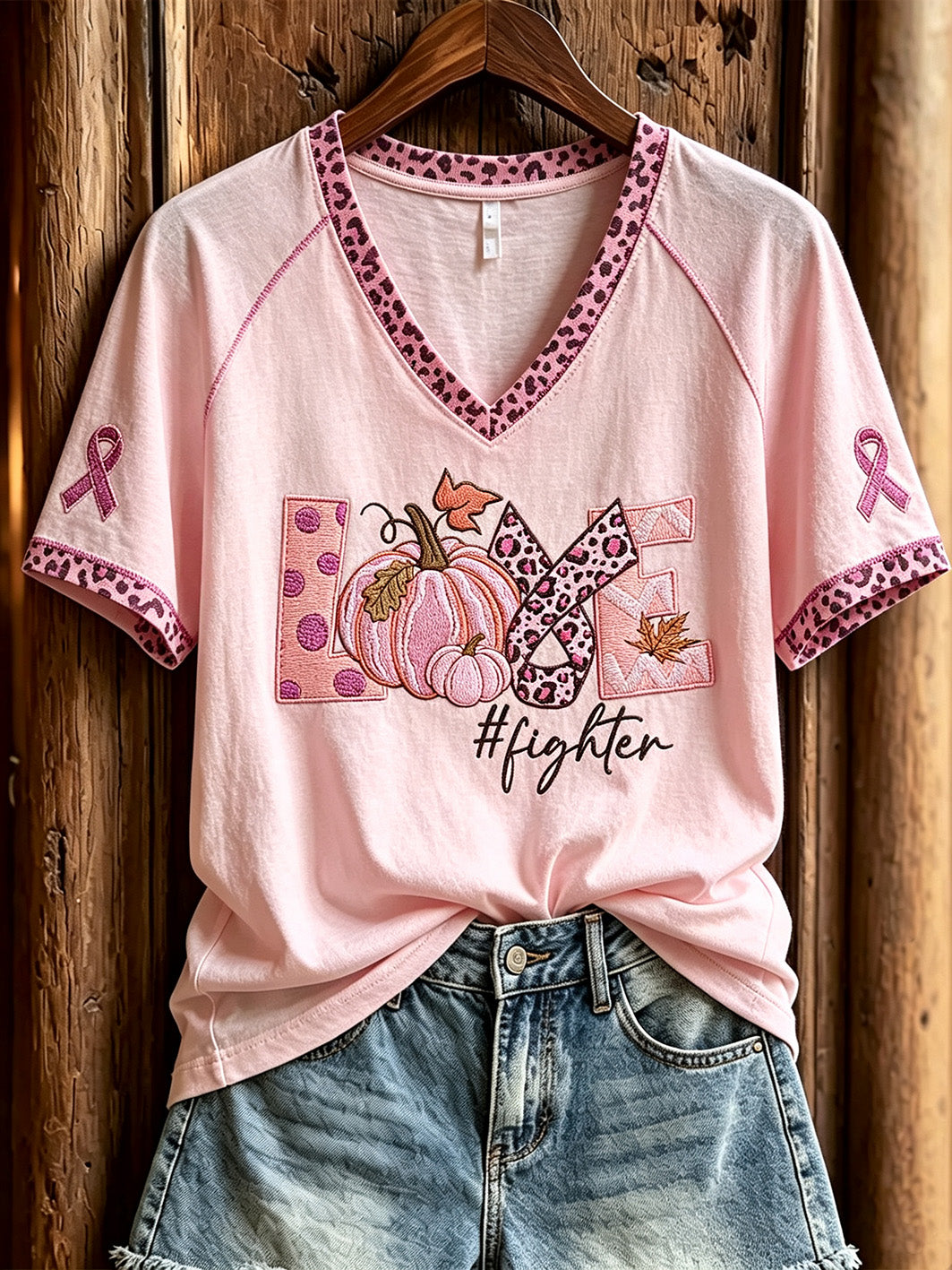 Kvinnor bröstcancer tema mönster tryckt avslappnad kort ärm T-shirt