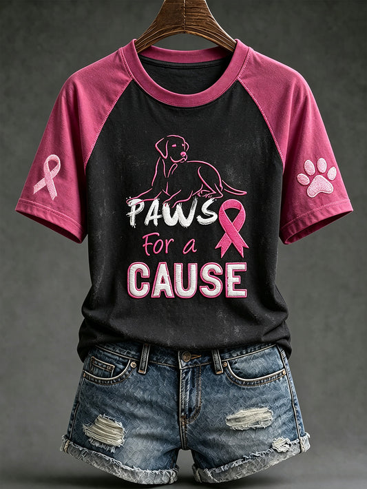 Kvinnlig t-shirt med bröstcancermotiv, söt hundmönstrad tryckt casual t-shirt med korta ärmar