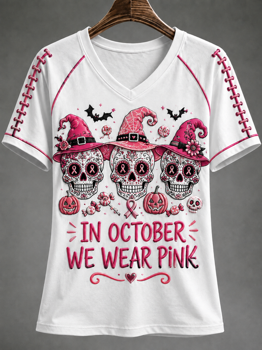 Kvinnors t-shirt i oktober där vi bär rosa