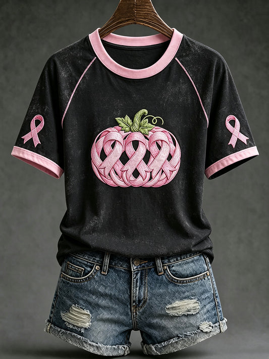 Kvinnlig t-shirt i vardagsstil med tryckt mönster på bröstcancermotiv och korta ärmar