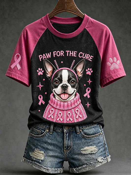 Kvinnlig t-shirt med bröstcancermotiv, söt hundmönstrad tryckt casual t-shirt med korta ärmar