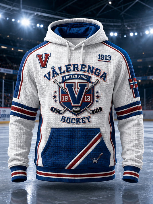 Herrtröja i våffelstickning med långa ärmar och huvud, prydd med en ishockeymotiv