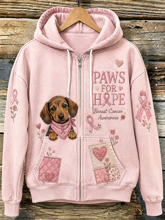 Kvinnors Långärm Zip-Up Sweatshirt med bröstcancer medvetenhet och världs hunddag grafiska utskrifter