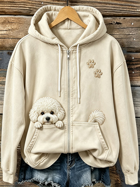 Kvinnors Vintage Peeking Bichon Frise & Tass Print Mysig Zip-Up Hoodie.
