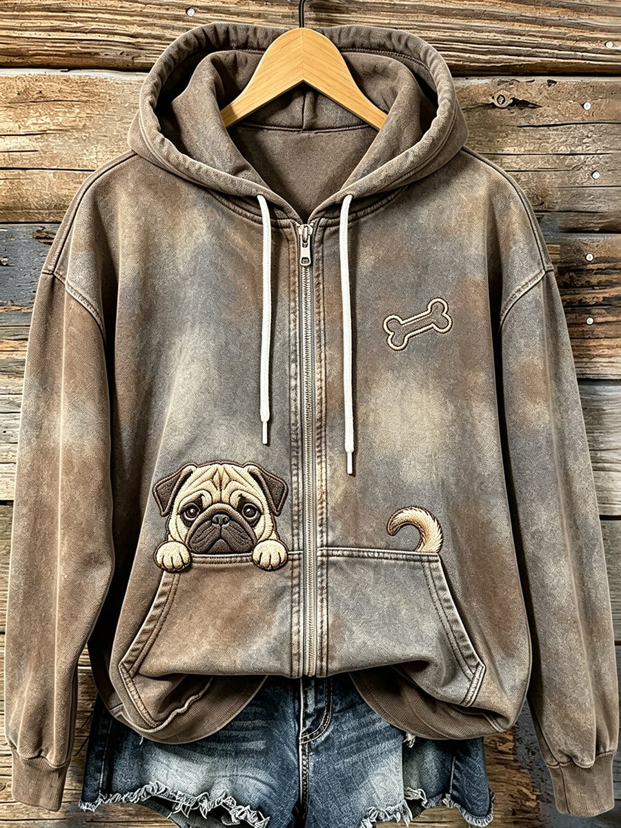 Kvinnors Vintage kikande Pug Dog & Ben Print Mysig Zip-Up Hoodie.