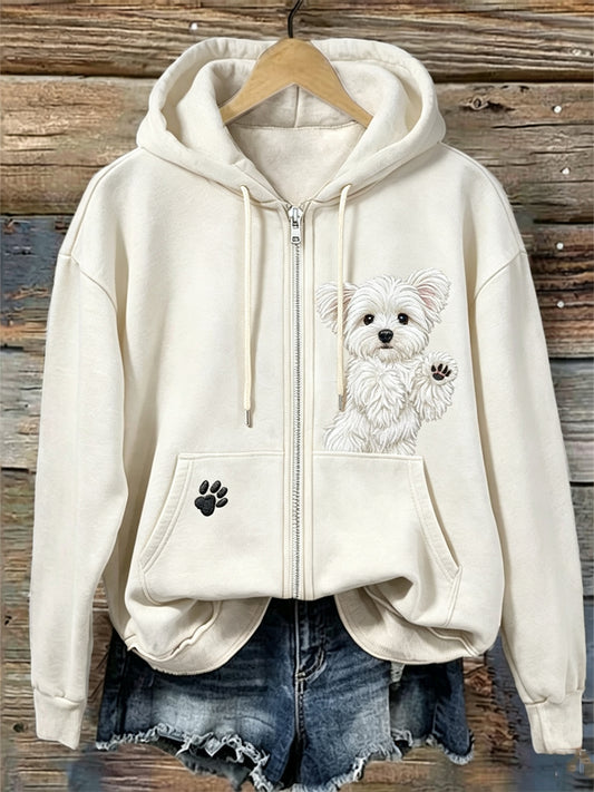 Kvinnors vackra ljugande maltesiska hund & tass Skriv ut full Zip Hoodie.
