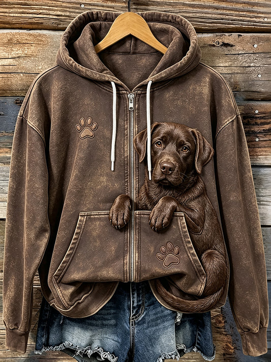 Kvinnors Vintage Peeking Choklad Labrador Retriever & Tass Print Mysig Zip-Up Hoodie