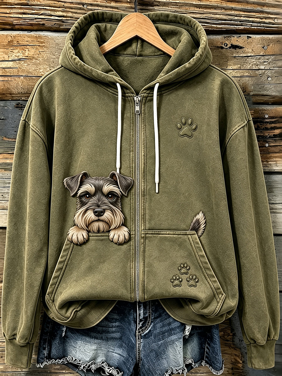 Kvinnors Vintage tittar Schnauzer & tassar Skriv ut Mysigt Zip-Up Hoodie.