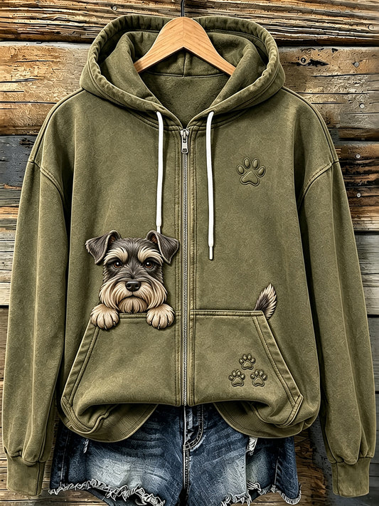 Kvinnors Vintage tittar Schnauzer & tassar Skriv ut Mysigt Zip-Up Hoodie.
