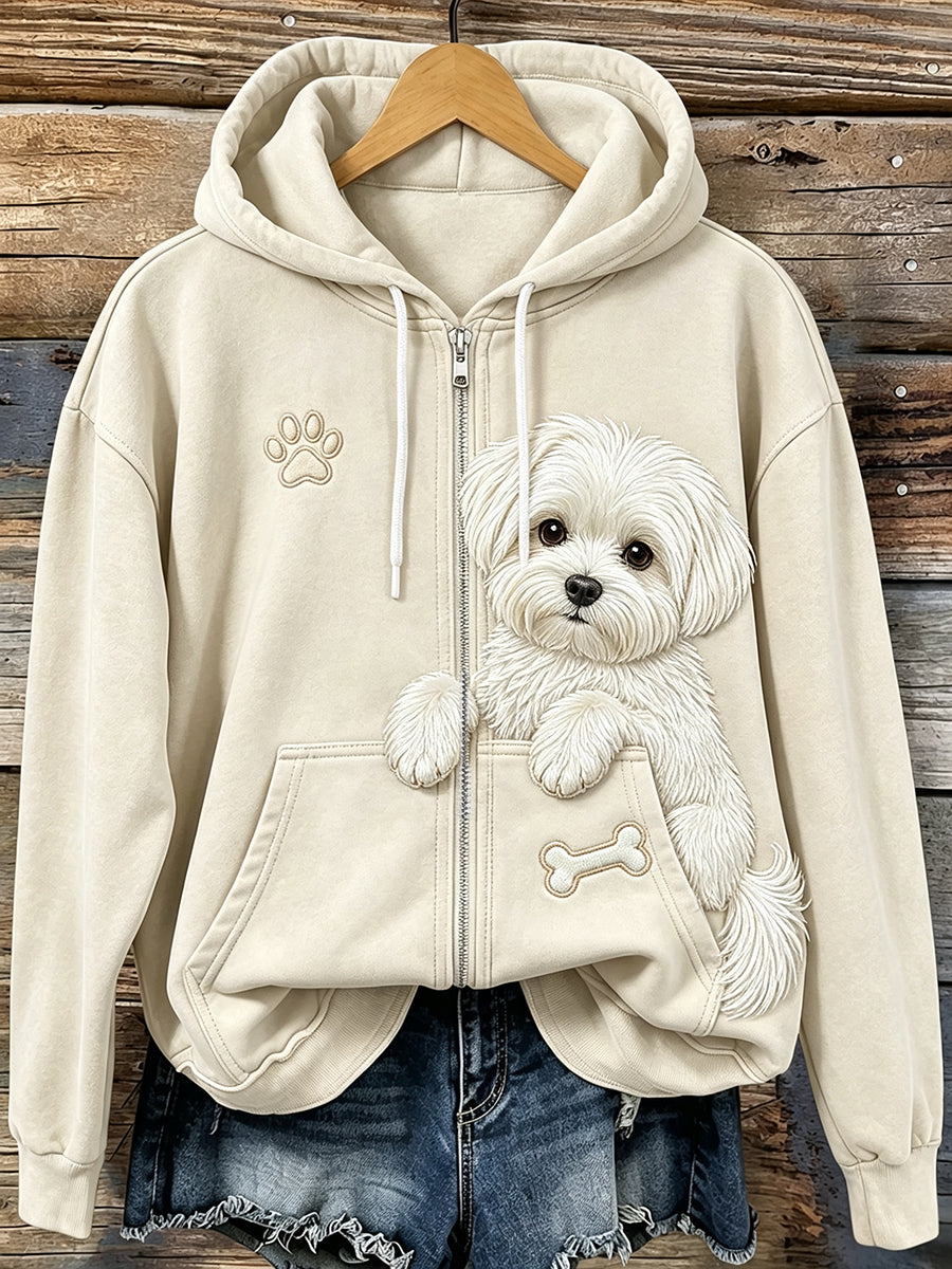 Kvinnors Vintage kikande maltesiska & tassar Print Mysigt Zip-Up Hoodie.