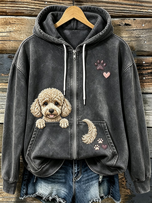 Kvinnors Vintage kikande Pudel & tassar Skriv ut Mysigt Zip-Up Hoodie.