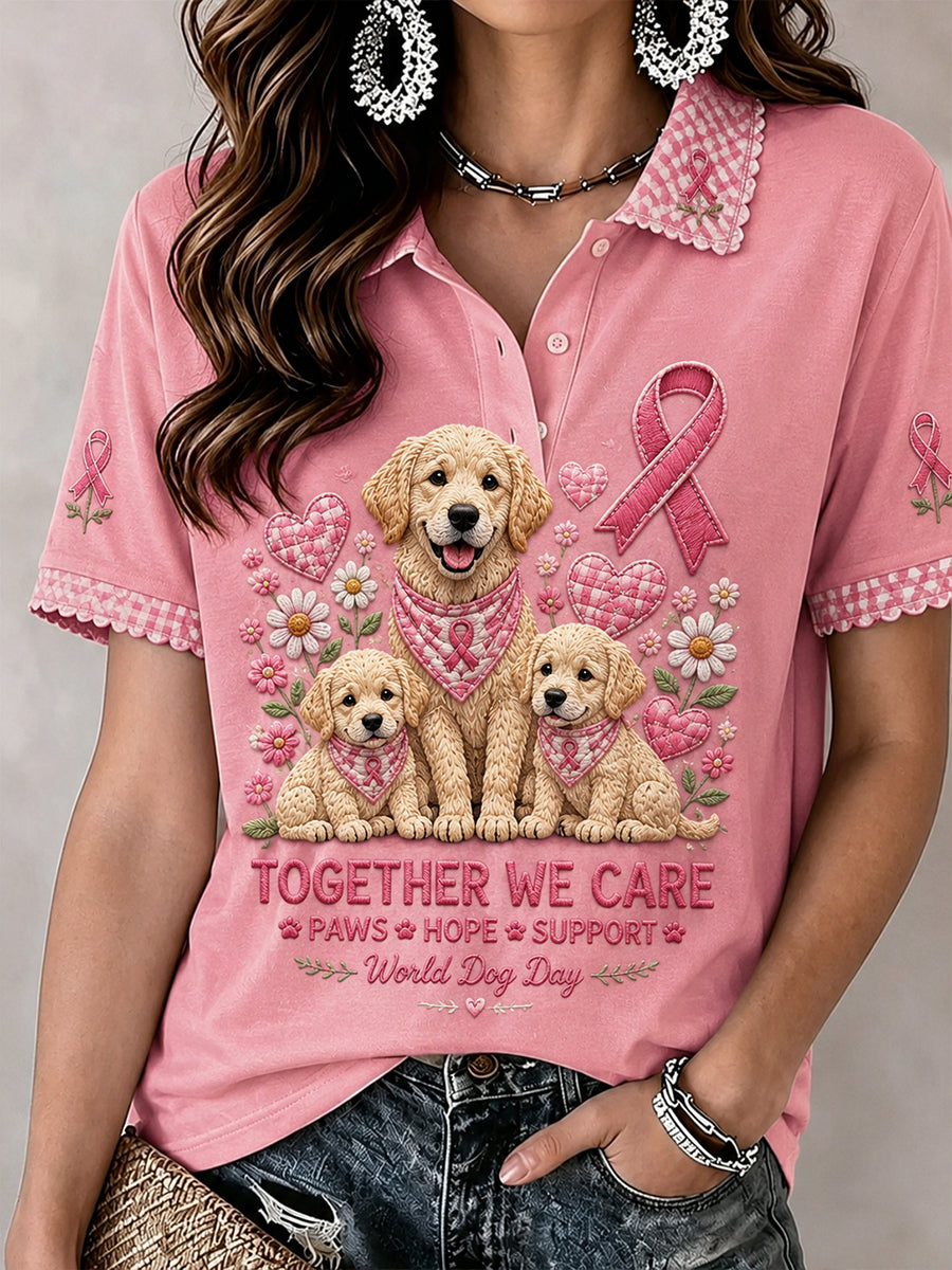 Bröstcancermedvetandet-shirt i pikétröjestyling med djurmönster och korta ärmarna för kvinnor