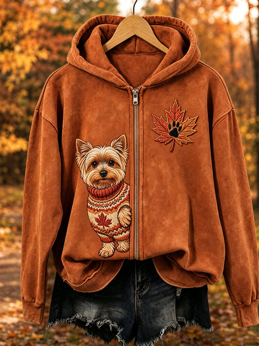 Kvinnor fall Mysigt Peeking Yorkshire Dog & Blad Skriv ut full Zip Hoodie.