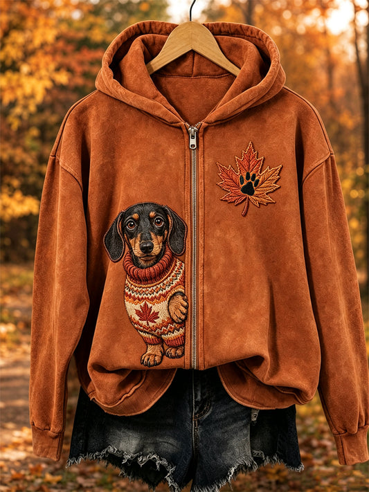 Kvinnors fall Mysigt smygande hund & blad Skriv ut full Zip Hoodie.