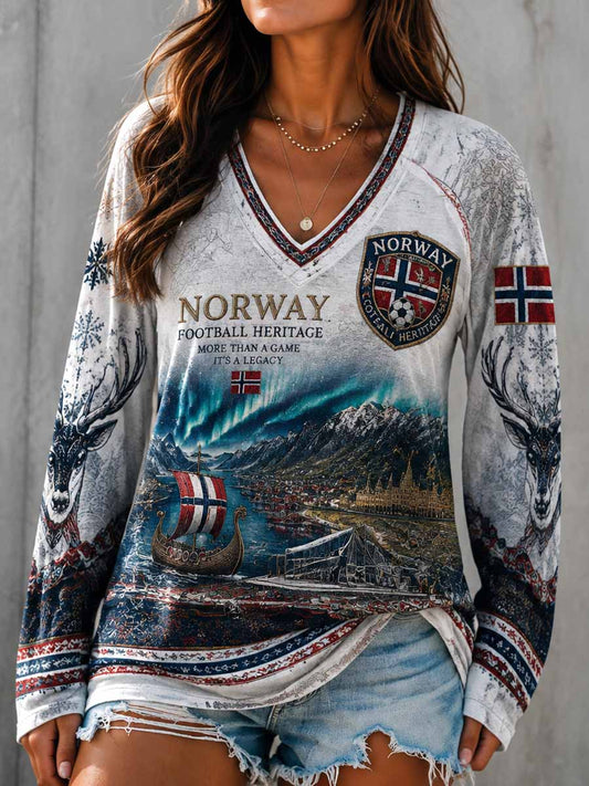 Damernas retro fotbollssweatshirt med minnesprint och v-ringning