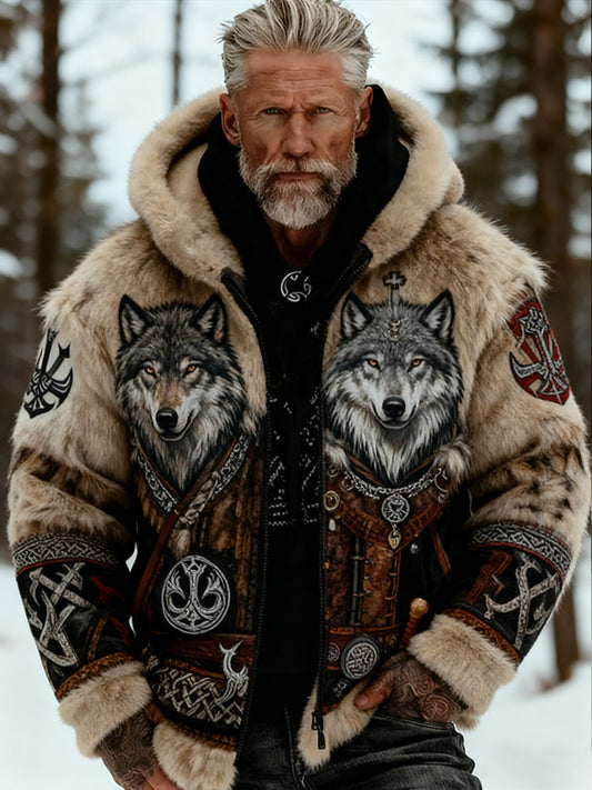 Mäns Retro Viking Wolf Totem Celtic Style Flannel varm huvad tröjar
