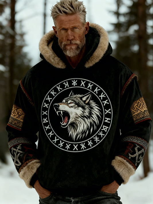 Mäns Retro viking keltiska konst mönster Plush varm zip-up huvad jacka