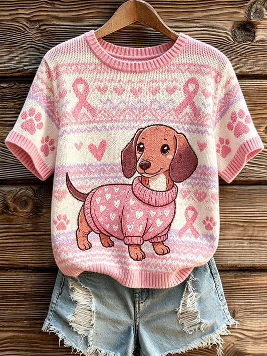 Kvinnors söt hund och rosa välgörenhet band mönster tryckt avslappnad kortärmad Topp