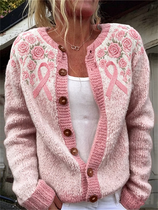 Kvinnlig vintage rosa rosor bröstcancerband Isle-mönstertryckt kofta