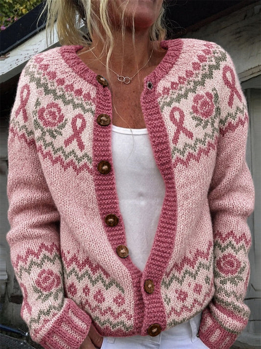 Kvinnors Vintage rosa rosor Bröstcancer Ribbon Isle Mönster Skriv ut Cardigan