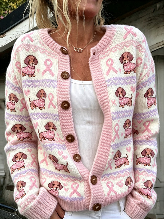 Kvinnors söt hund och rosa välgörenhet band mönster tryckt casual cardigan