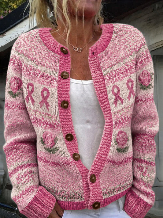 Kvinnlig vintage rosa rosor bröstcancerband Isle-mönstertryckt kofta
