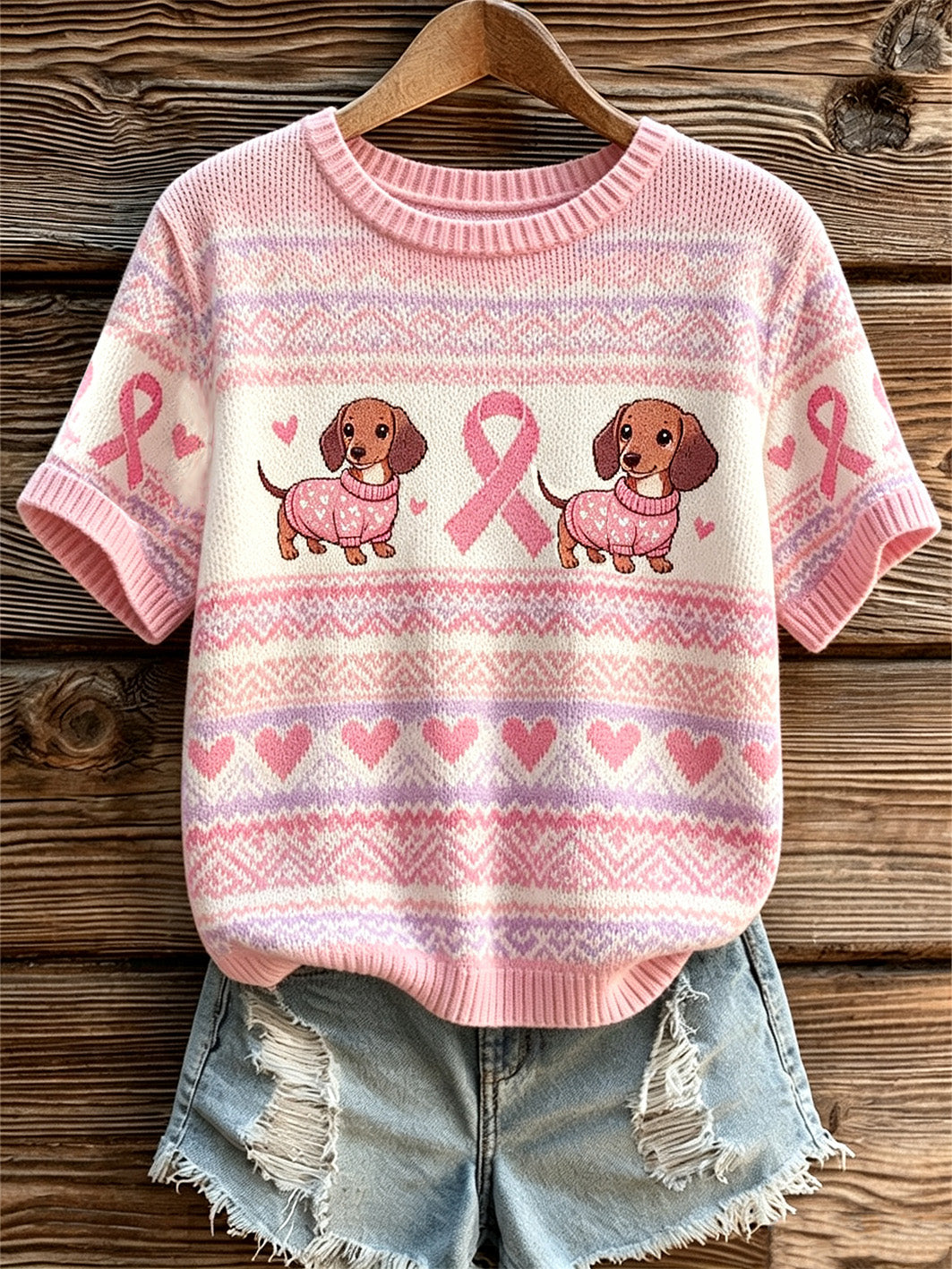 Kvinnors söt hund och rosa välgörenhet band mönster tryckt casual topp