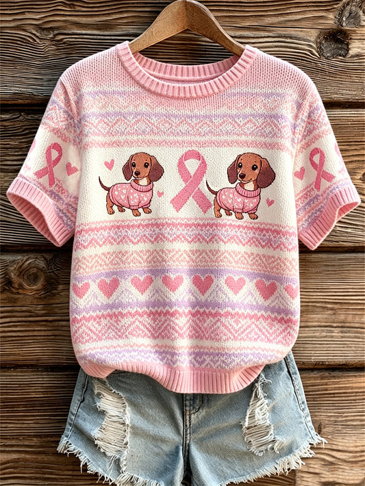 Kvinnors söt hund och rosa välgörenhet band mönster tryckt casual topp