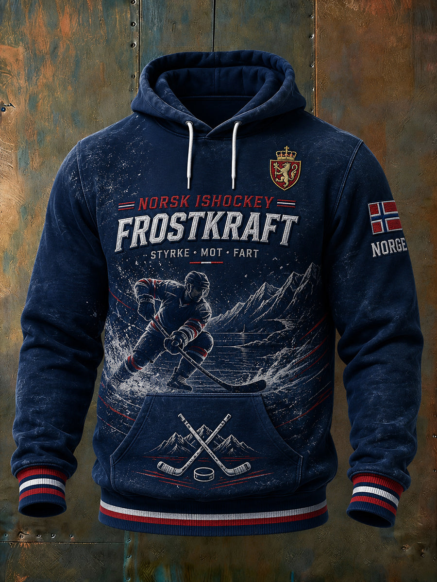 Herrtröja med lång ärm och huva, prydd med en ishockeymotiv