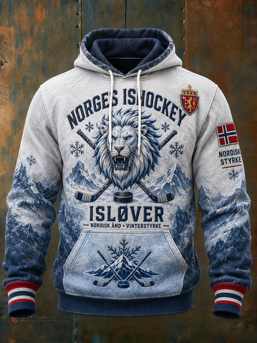 Herrtröja med lång ärm och huva, prydd med en ishockeymotiv