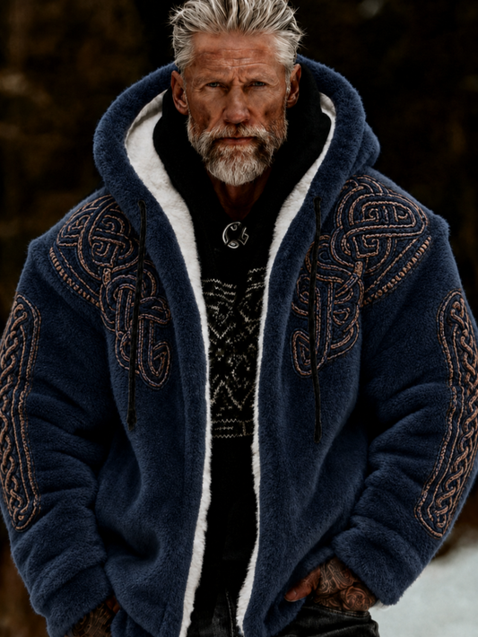 Herrlig viking- och keltiskt konstnärlig plyschjacka med dragkedja och huva, mysigt varm