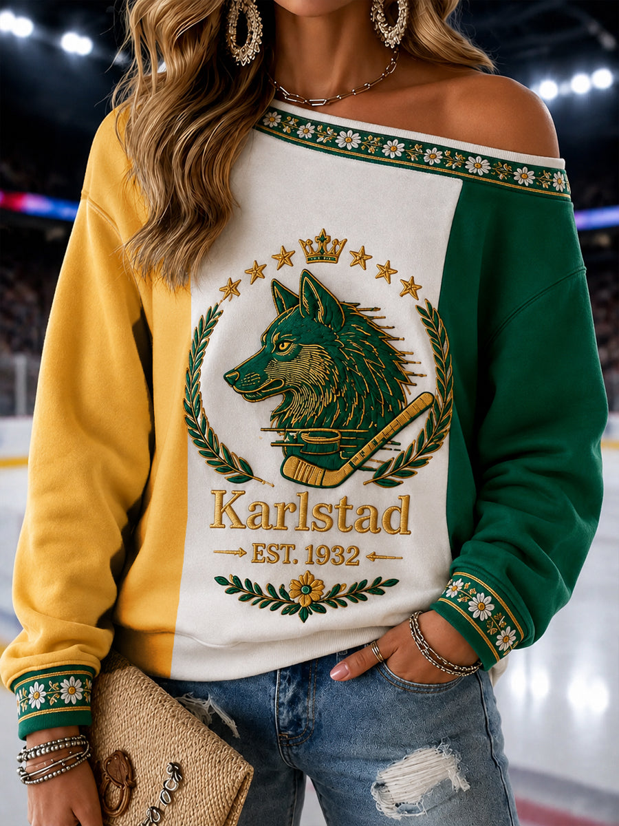 Grönvitt För evigt Karlstad Hockey Off-the-Shoudre Pullovere