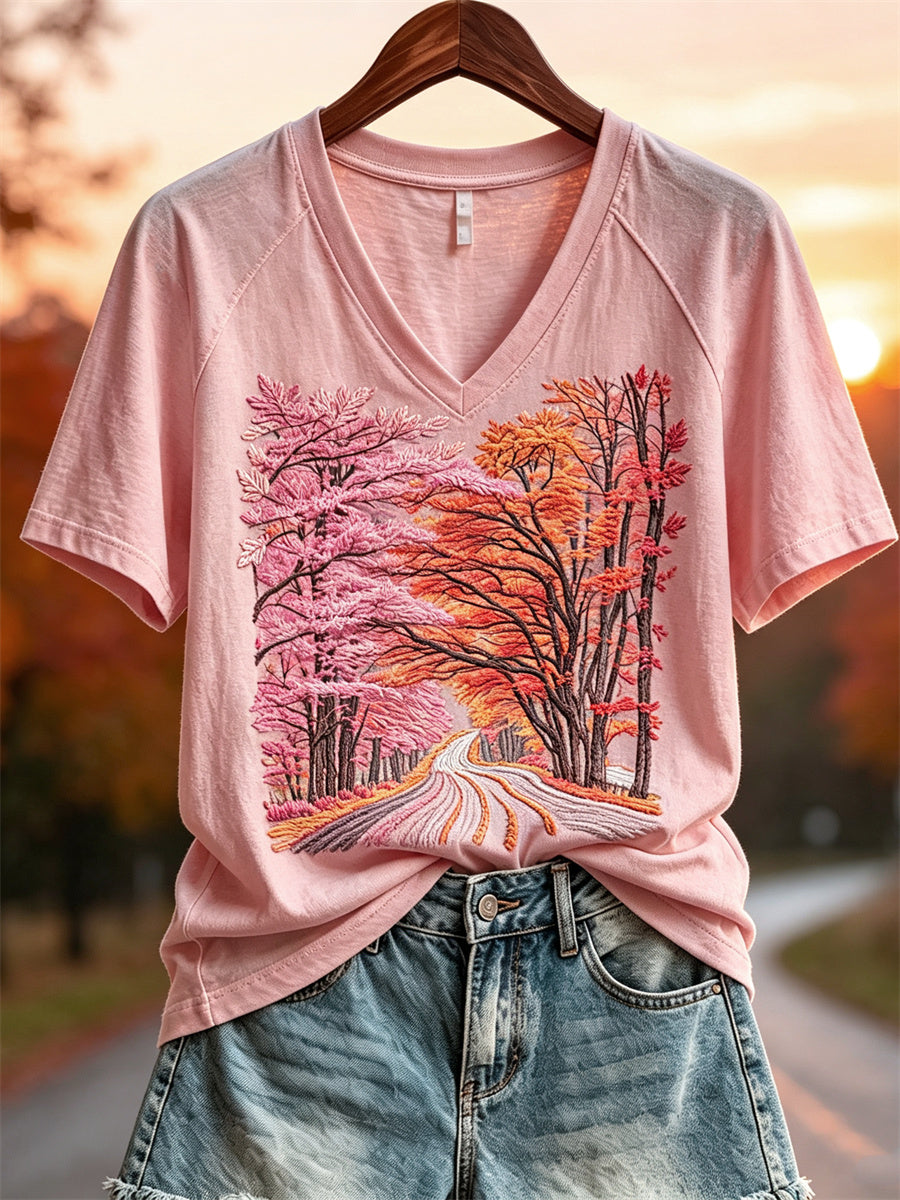 Damfall Pink Forest Landskap Skriv ut kortärmad T-shirt