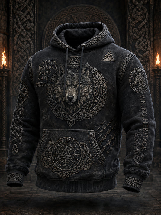 Mäns Vintage Viking-Print Hoodie.