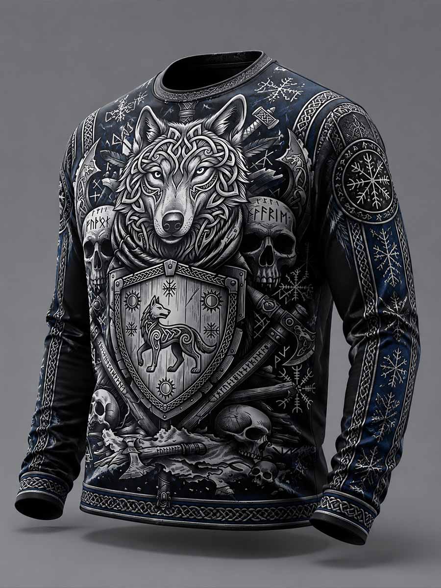 Herrens Retro Viking Forest Wolf Print Sweatshirt