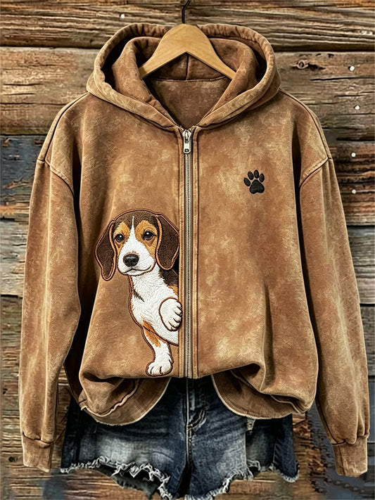 Kvinnors kikande Beagle Dog & Tass Print Full Zip Hoodie Zip