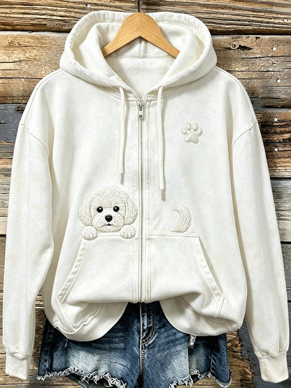 Kvinnors söta kikande Bichon Frize med tass Print Mysig Zip-Up Hoodie med korsa
