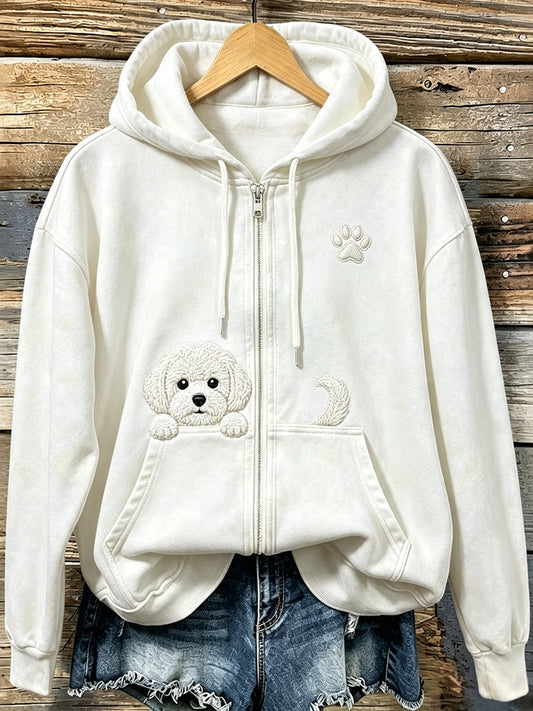 Kvinnors söta kikande Bichon Frize med tass Print Mysig Zip-Up Hoodie med korsa