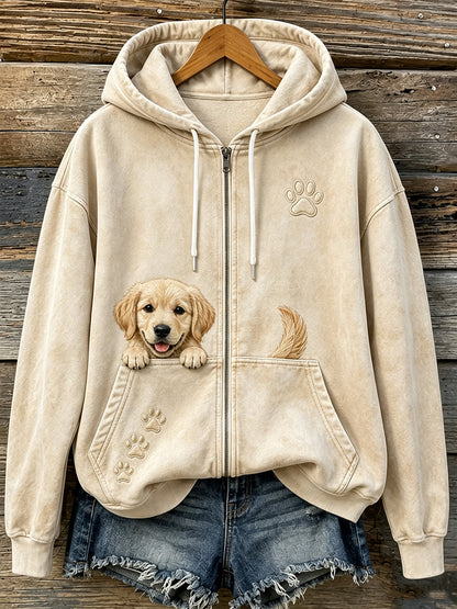 Kvinnors söta kikande gyllene retriever & tassar Skriv ut mysig Zip-Up Hoodie.