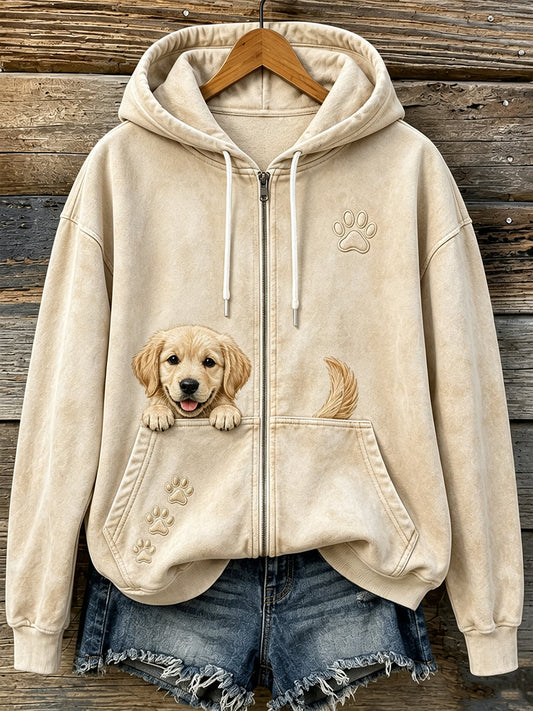Kvinnors söta kikande gyllene retriever & tassar Skriv ut mysig Zip-Up Hoodie.