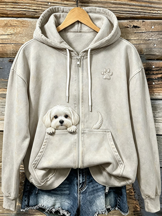 Kvinnors söta kikande maltesiska hund med tassar Print Mysig Zip-Up Hoodie.