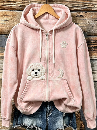 Kvinnors söta kikande Bichon Frize med tass Print Mysig Zip-Up Hoodie med korsa