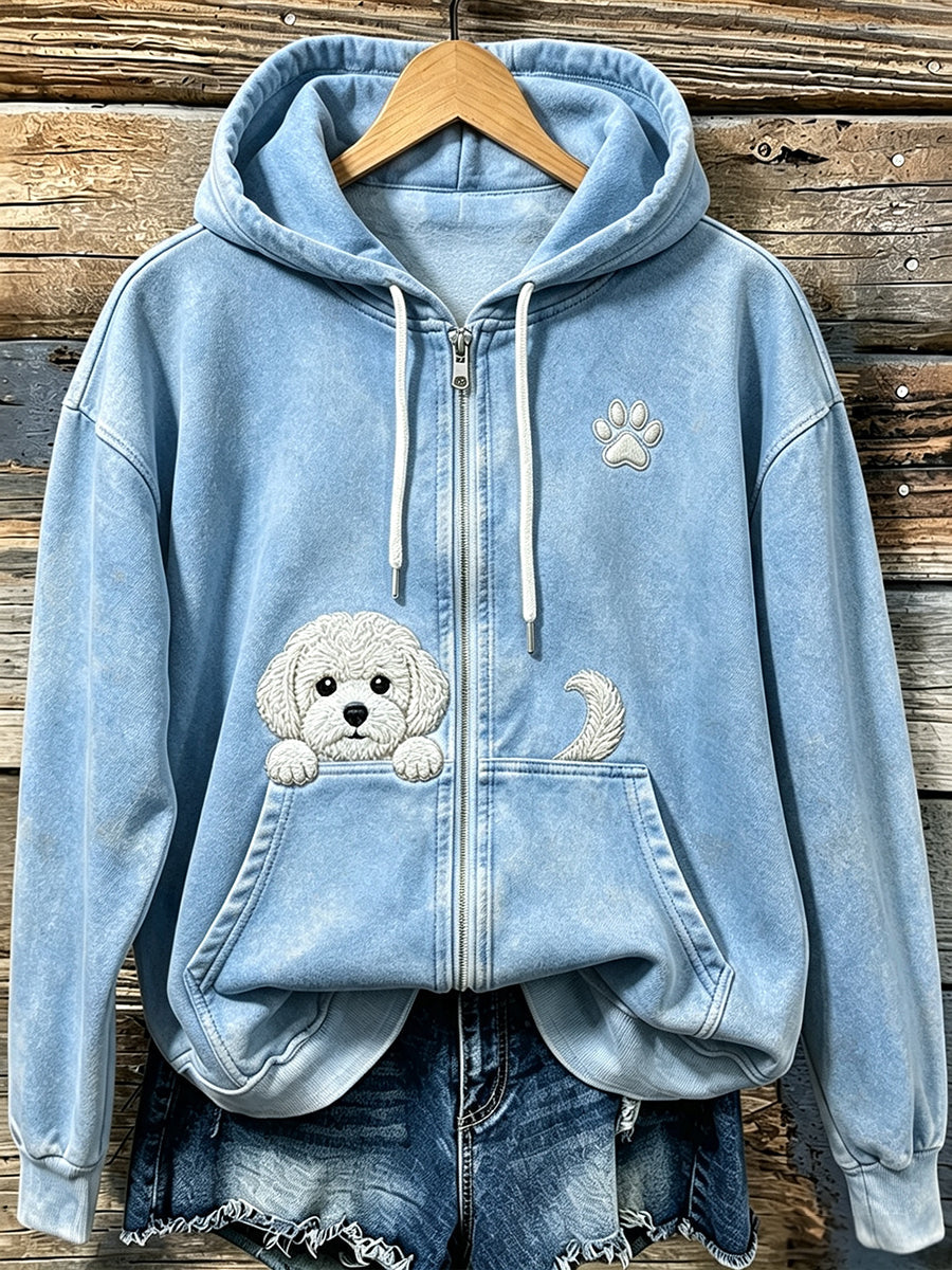 Kvinnors söta kikande Bichon Frize med tass Print Mysig Zip-Up Hoodie med korsa