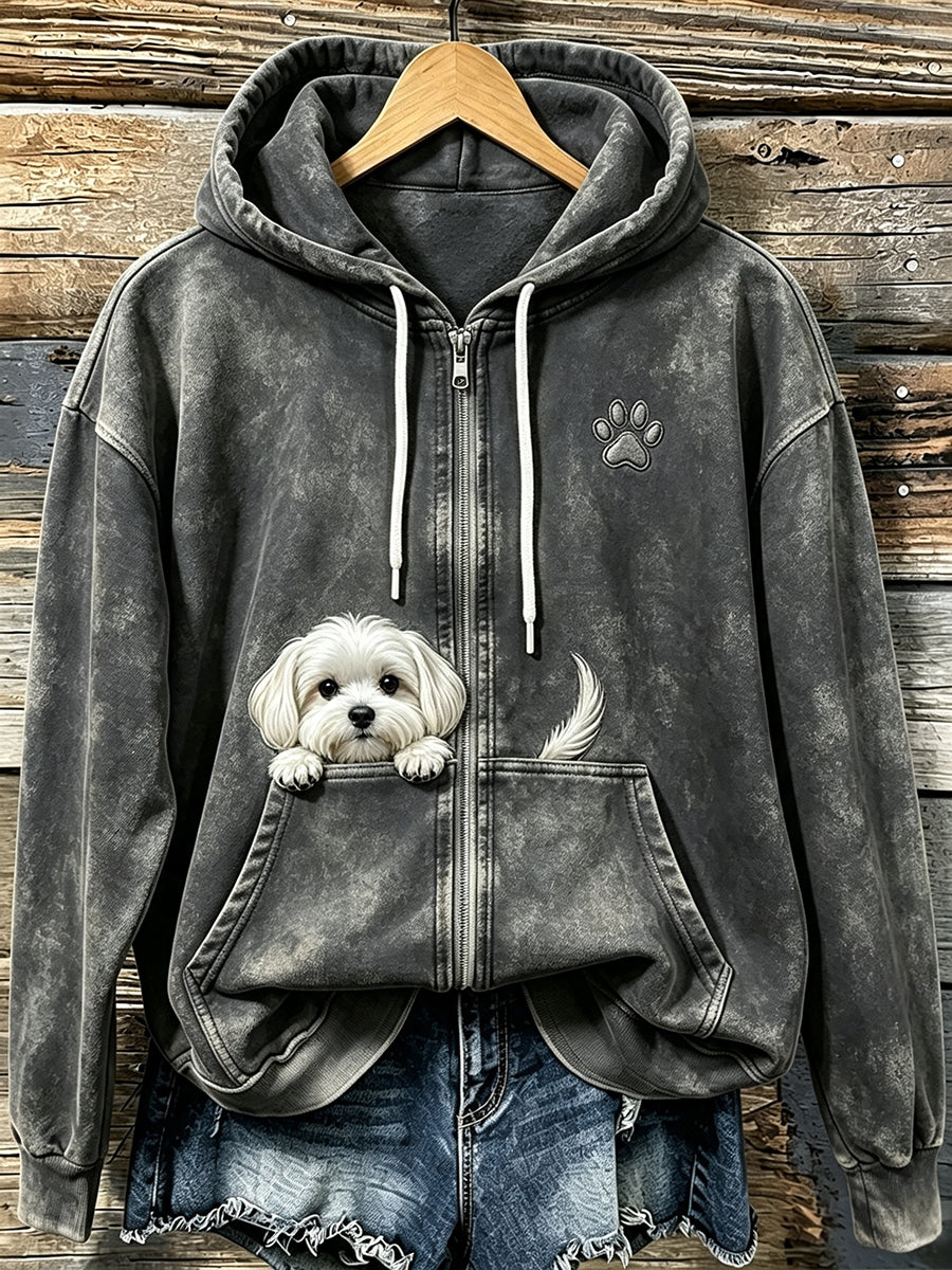 Kvinnors söta kikande maltesiska hund med tassar Print Mysig Zip-Up Hoodie.