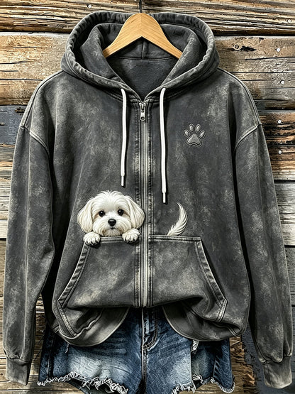 Kvinnors söta kikande maltesiska hund med tassar Print Mysig Zip-Up Hoodie.