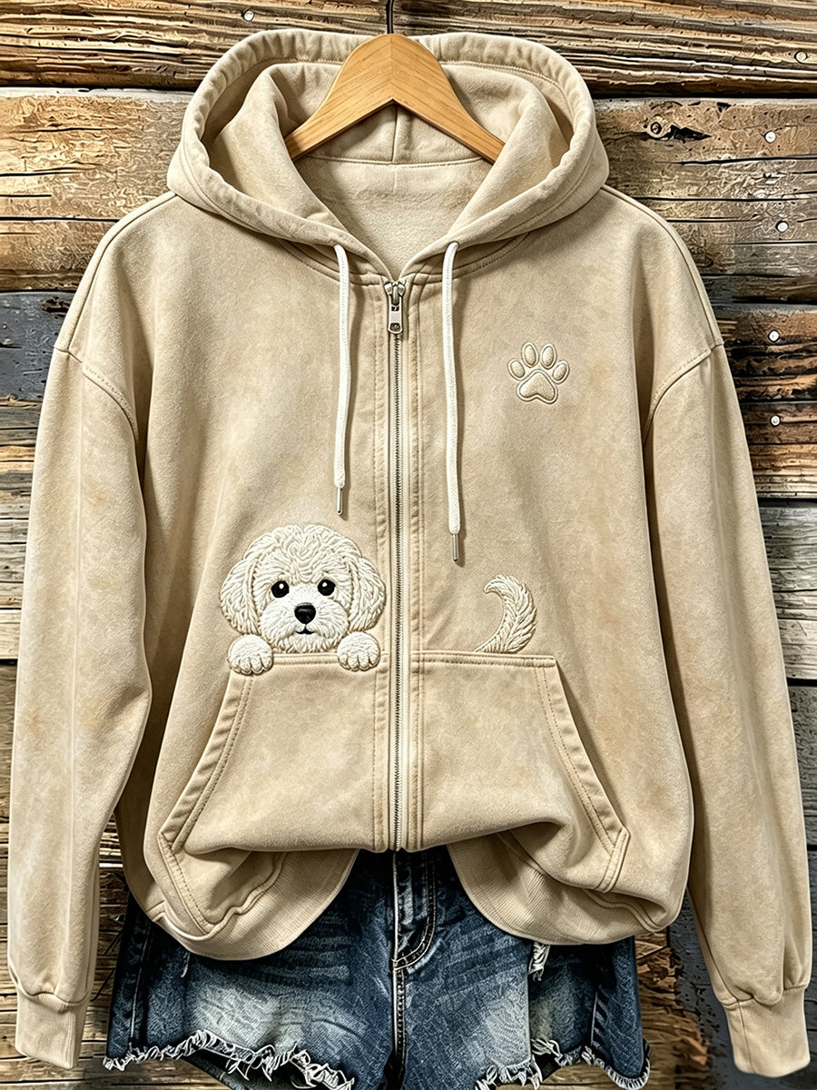 Kvinnors söta kikande Bichon Frize med tass Print Mysig Zip-Up Hoodie med korsa