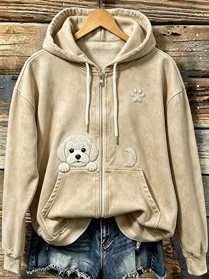 Kvinnors söta kikande Bichon Frize med tass Print Mysig Zip-Up Hoodie med korsa