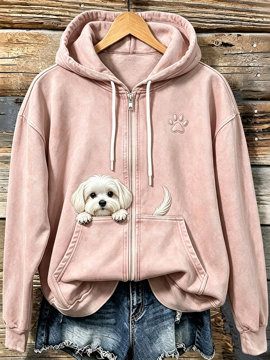 Kvinnors söta kikande maltesiska hund med tassar Print Mysig Zip-Up Hoodie.