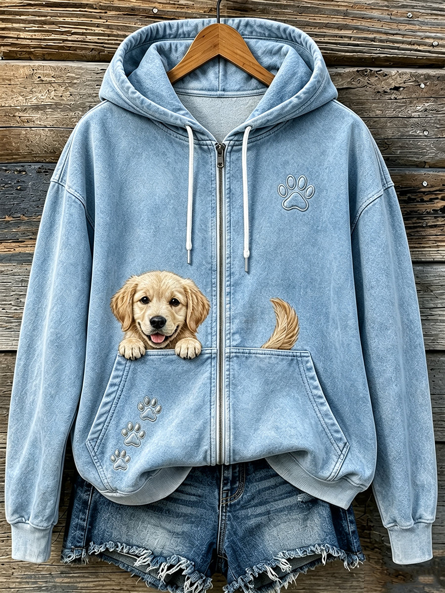Kvinnors söta kikande gyllene retriever & tassar Skriv ut mysig Zip-Up Hoodie.