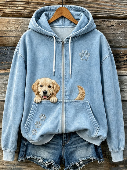 Kvinnors söta kikande gyllene retriever & tassar Skriv ut mysig Zip-Up Hoodie.